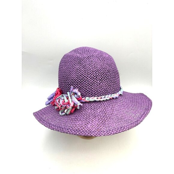 Inverni Hat Purple Raffia Flower Trim Sun Beach Garden Party Floppy Italy